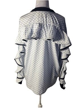 Tish Cox Long-Sleeve Blouse with Navy Trim and flirty ruffled back sz S
